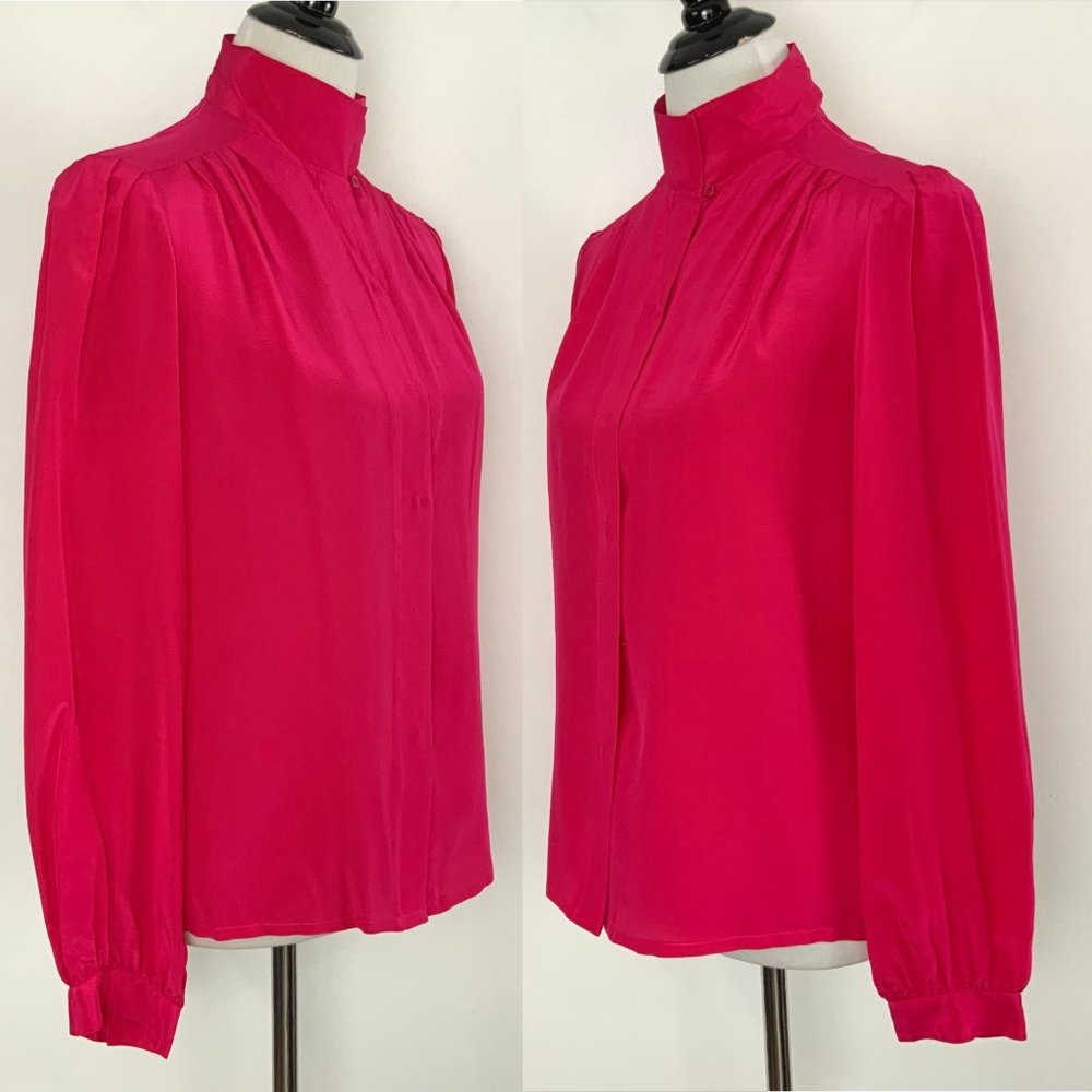 Rabble II 100% Silk Puff Long Sleeve Button Up Blouse Fuchsia/Hot Pink Medium - Picture 15 of 16